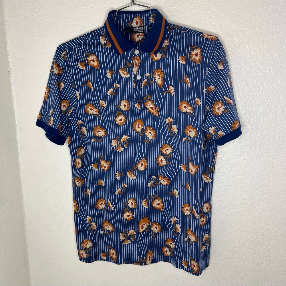 Murano Liquid Luxury Polo Shirt Mens Slim Fit Large Blue Stripe Floral